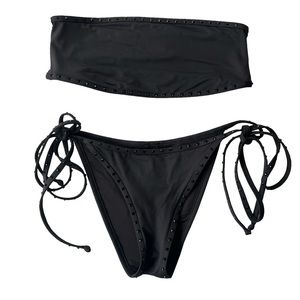 SKIMS RHINESTONE BIKINI SET BANDEAU TOP AND TIE BOTTOM ONYX BLACK SIZE MEDIUM